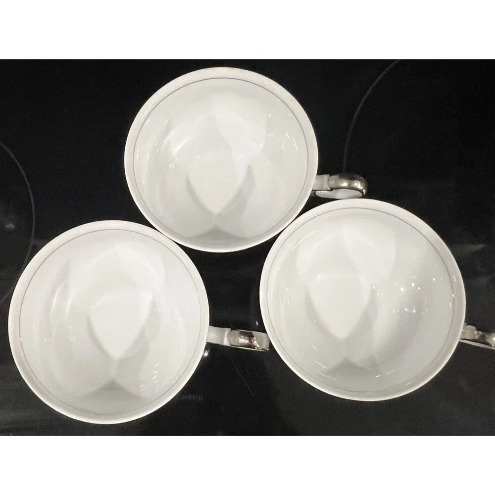 Set of 3 Mikasa Marlboro Footed Tea Cups 9267 Platinum Trim White Fine China